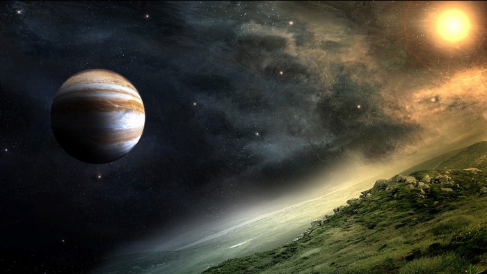 Jupiter and a sunlit alien landscape
