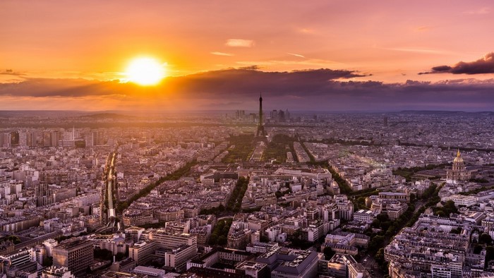 Paris cityscape at sunset with Eiffel Tower