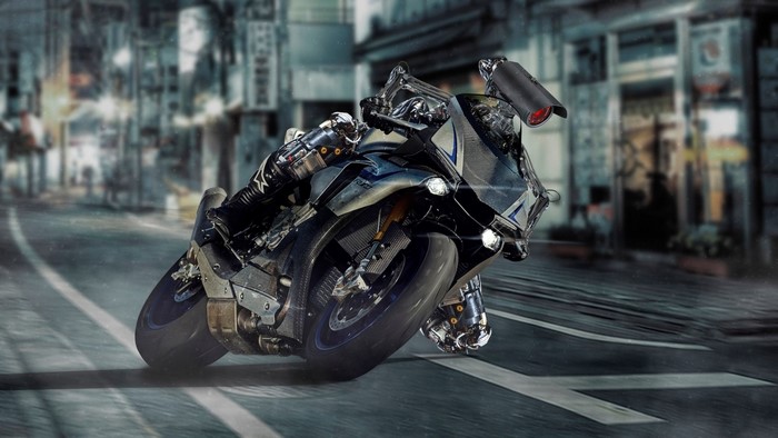 Yamaha YZF R1 motorcycle with robot rider in city