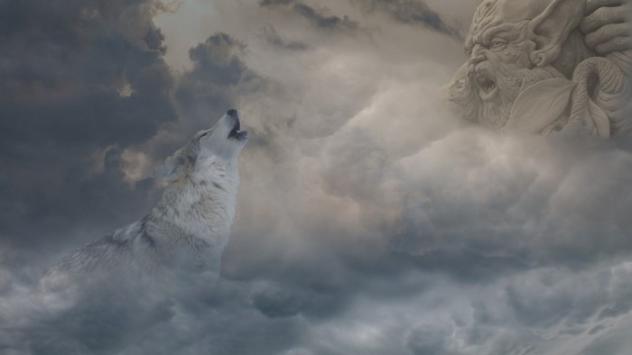 4K Wolf Howling at a Stone Monster in Clouds