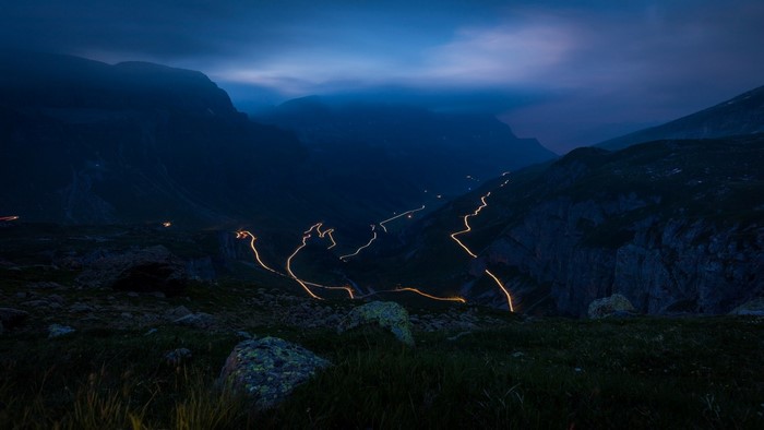 Light trails in mountains near Spiringen, Switzerland