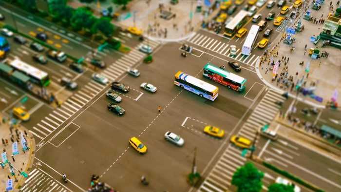 Busy City Intersection with Traffic and Pedestrians