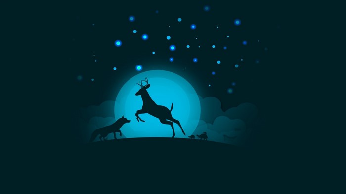 Deer and fox under a blue moon