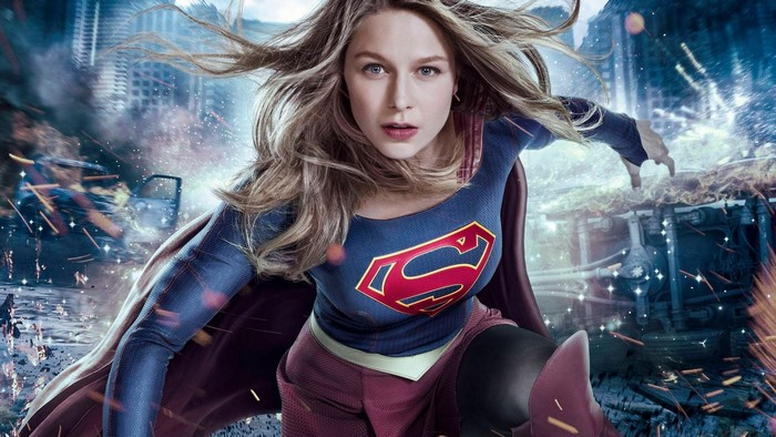 Supergirl in a destroyed city