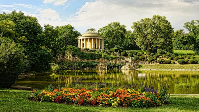 Park with a pond and a temple