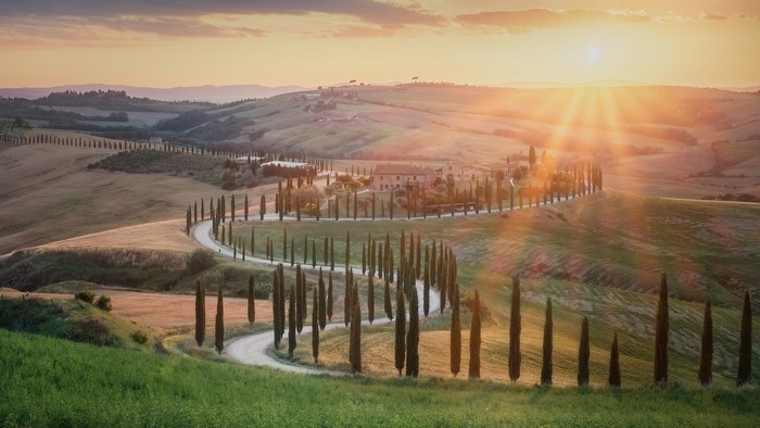 Tuscany landscape with cypress trees and villa at sunset