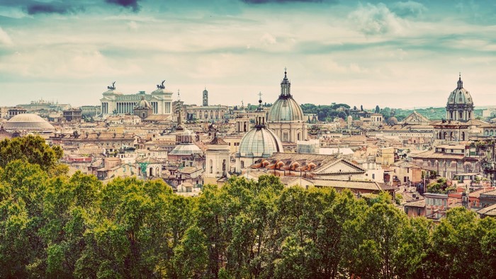 Panoramic view of Rome skyline with trees in foreground