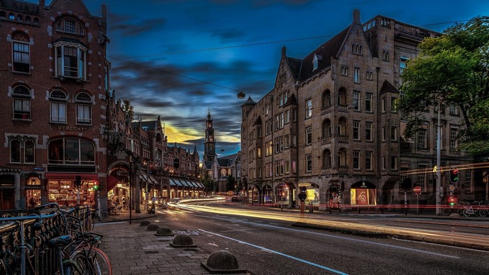 Street scene in Utrecht, Netherlands at dusk