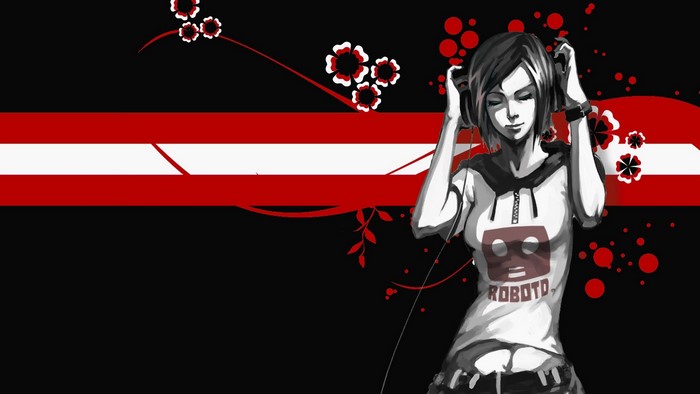 Anime girl with headphones and "ROBOTO" shirt