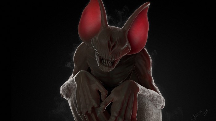 A creature resembling a blind bat with large red ears