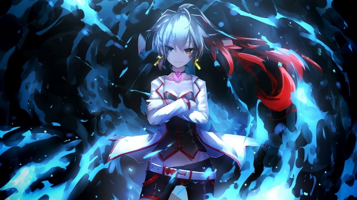 Anime girl with blue energy and red accents