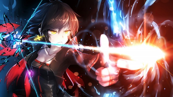 Anime girl with yellow eyes firing energy blast