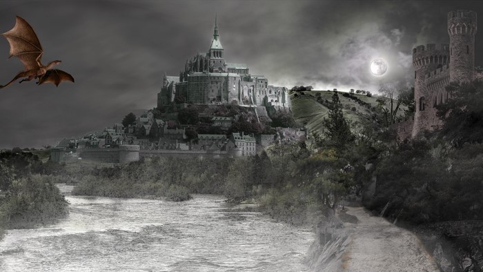 Dragon flying over a fantasy castle by a river