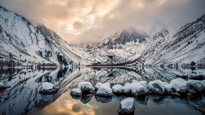 Snowy Mountains Reflecting in a Lake in California