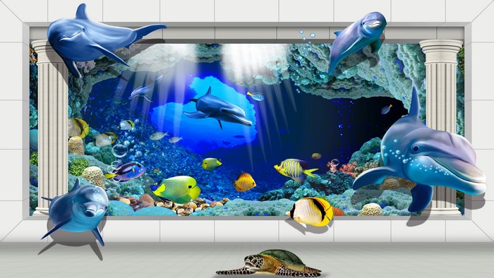 4K Fantasy Aquarium with Dolphins and Sea Turtle