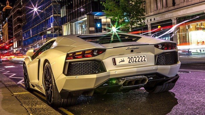 Lamborghini Aventador LP 700-4 on a city street at night