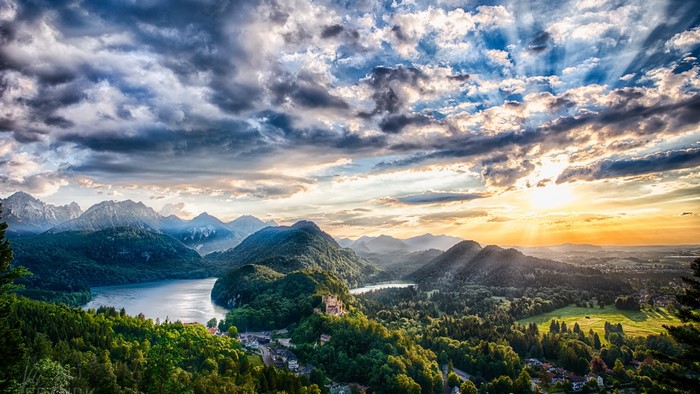 Mountain Lake and Castle at Sunset