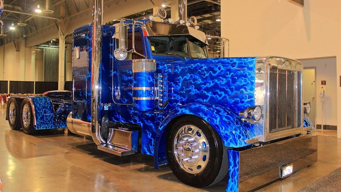 Custom blue flame Peterbilt semi-truck