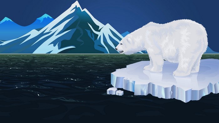 Polar bear on an ice floe with mountains