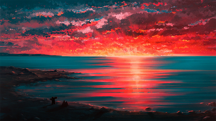 4K, Speed paint, Beach, Digital art, Sunset, Horizon, Couple, Seaside