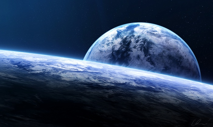 Two planets in space with stars