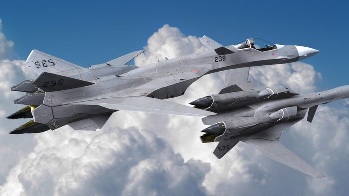 Two Sukhoi Su-47 Berkut fighter jets in flight