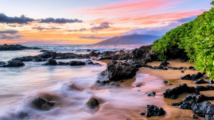 4K Shore with Rocky Beach and Sunset Sky