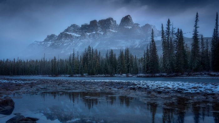 Castle Mountain and Bow River in Banff National Park, Alberta, Canada