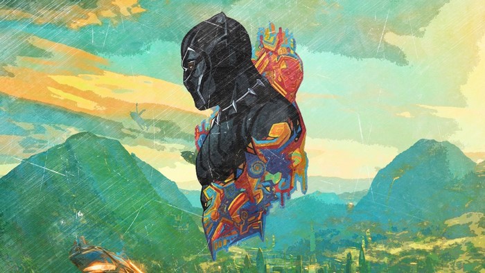 Black Panther in front of a mountain landscape