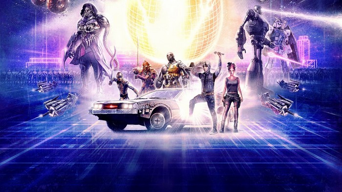 Ready Player One characters with DeLorean and robots