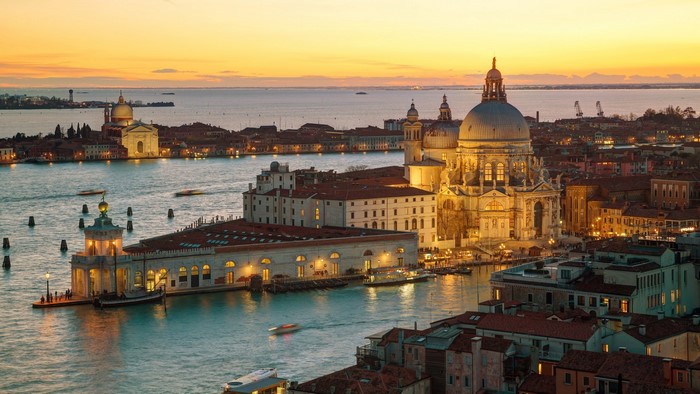 Venice cityscape at sunset with Basilica di Santa Maria della Salute