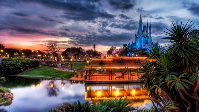 Cinderella Castle at Dusk with Sunset and Lake