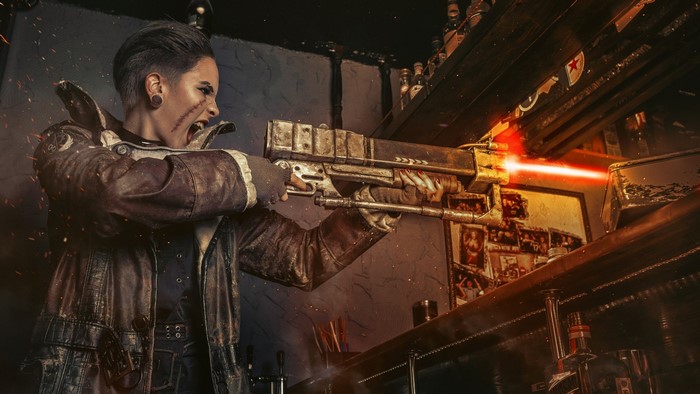 Cosplayer with laser gun in Fallout style