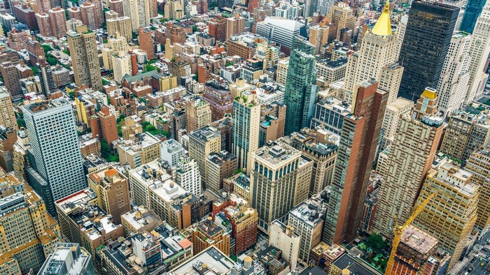Aerial view of New York City skyscrapers
