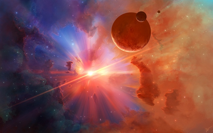 Explosion of light in a colorful nebula with planets