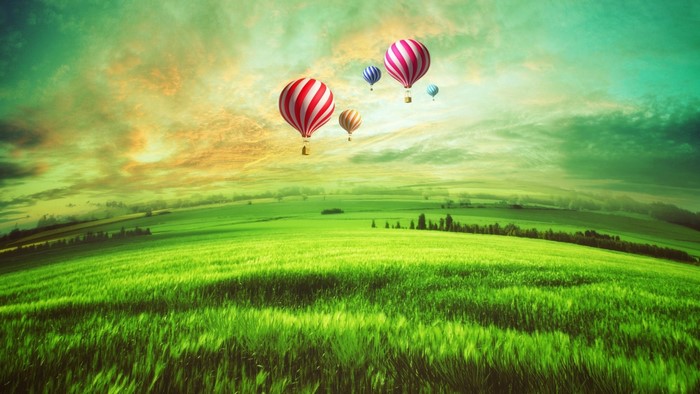 Hot Air Balloons Over Green Fields
