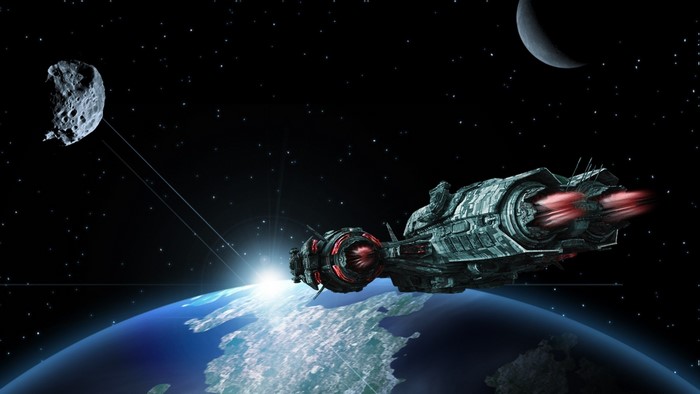 Spaceship flying over Earth with asteroid and moon