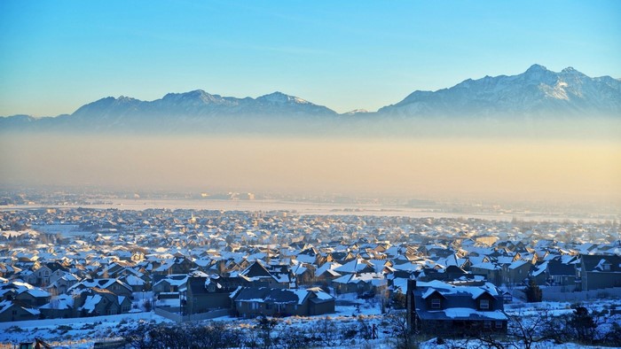 Salt Lake City valley with mountains in winter