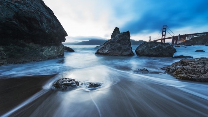 Golden Gate Bridge and Rocks on Shore