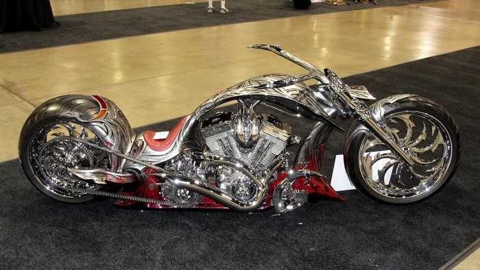 Custom Chopper Motorcycle with Red and Silver Flames