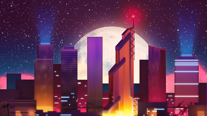Retro city skyline with moon and stars