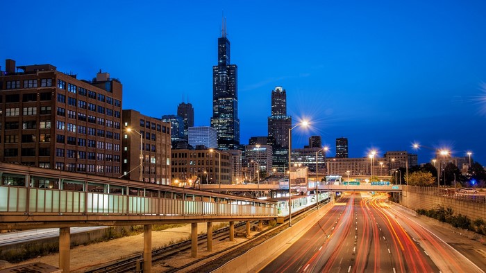 Chicago Skyline at Dusk with Light Trails