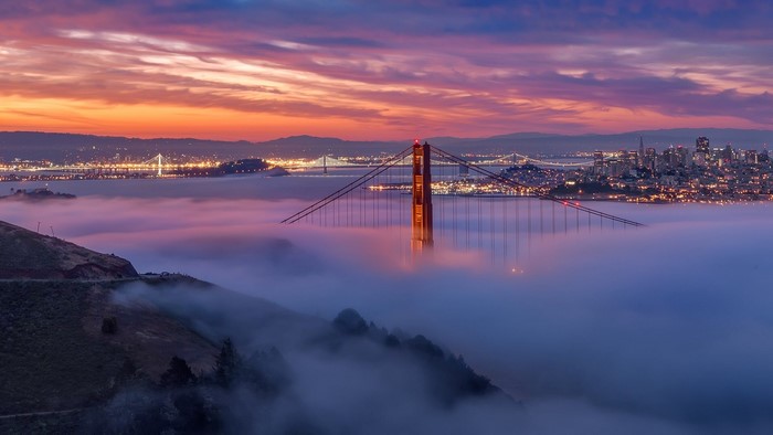 Golden Gate Bridge and San Francisco Skyline at Sunrise