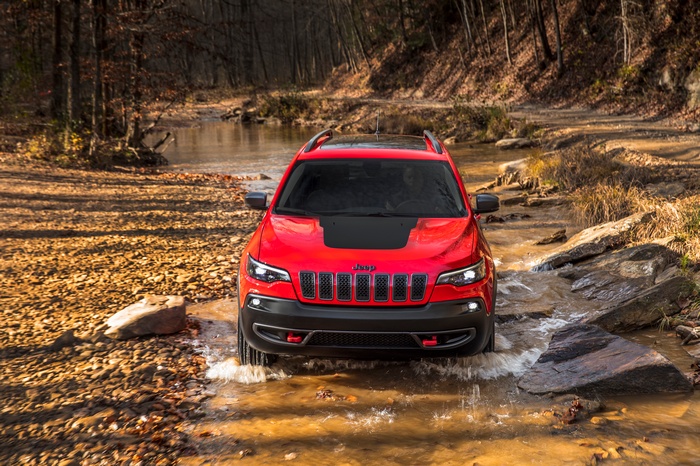 Red 2019 Jeep Cherokee Trailhawk driving through a stream