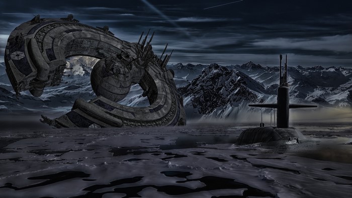 4K UFO and Submarine in Snowy Mountains