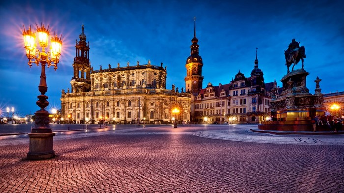 Dresden Germany at night with statue and church