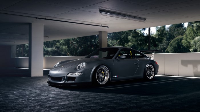 Porsche Carrera in a parking garage