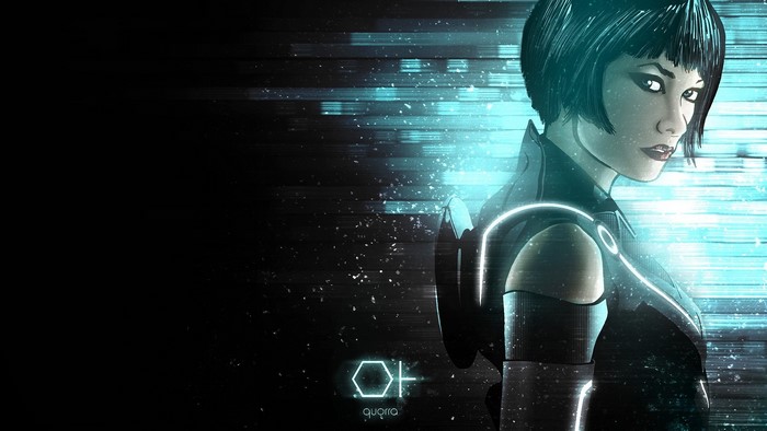 Woman in Tron-like suit with glowing lines