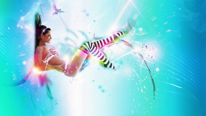 Girl in striped bikini and stockings with abstract art