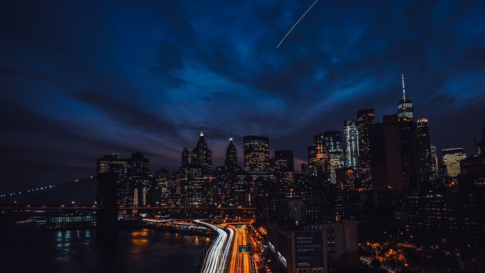 4K Night Cityscape with Brooklyn Bridge and Traffic Trails